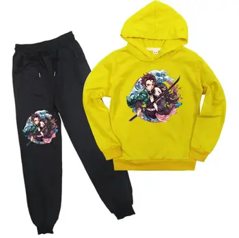 

2020 Anime Demon Slayer Baby Girl Clothes Set Kids Cartoon Graphic Kimetsu No Yaiba Halloween Oversized Hoodie+ Pants 2PCS Suit