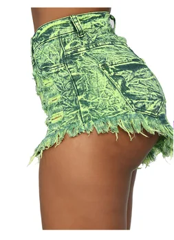 

High waist hips ripped burrs ladies denim stretch shorts