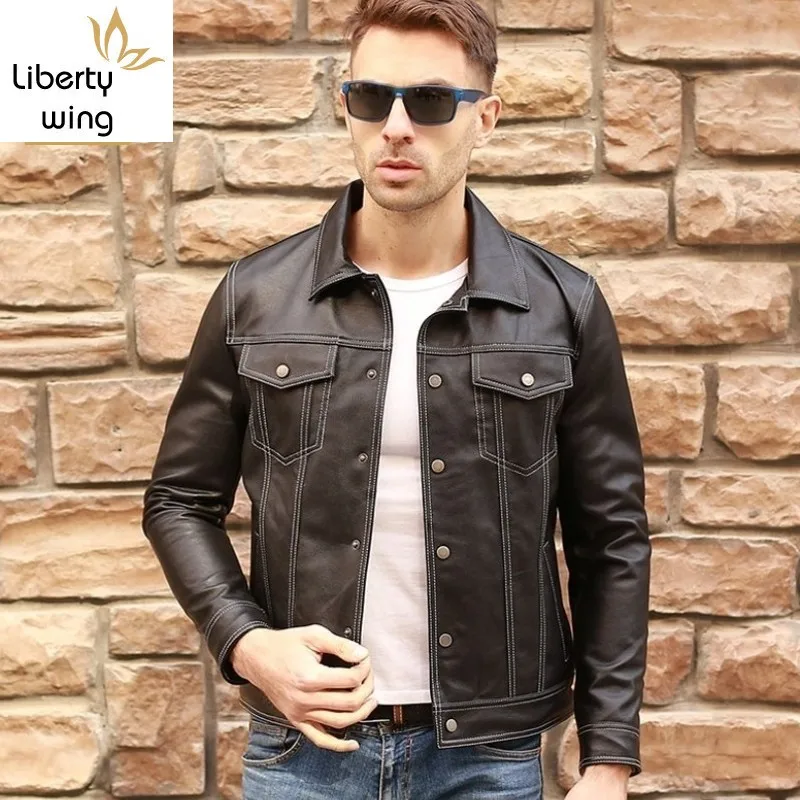

New Luxury Sheepskin Real Jackets Men Cowboy Style Vintage Slim Genuine Leather Coats Casual Fashion Lapel Moto Jacket