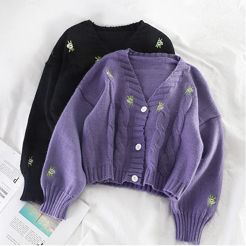 

LEOSOXS Embroidery Cardigans Women Loose Sweaters Button Knitted Lady Long Sleeve V-neck Warm Knitwear Sweater Joker Crop Top