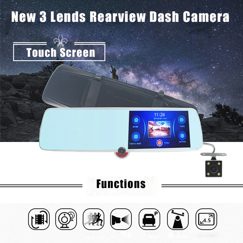 

3 Lens 4.5 Inch Full HD Touch Screen 1080P Car Dvr Camera Auto Rearview Mirror Digital Video Recorder Registratory Camcorder