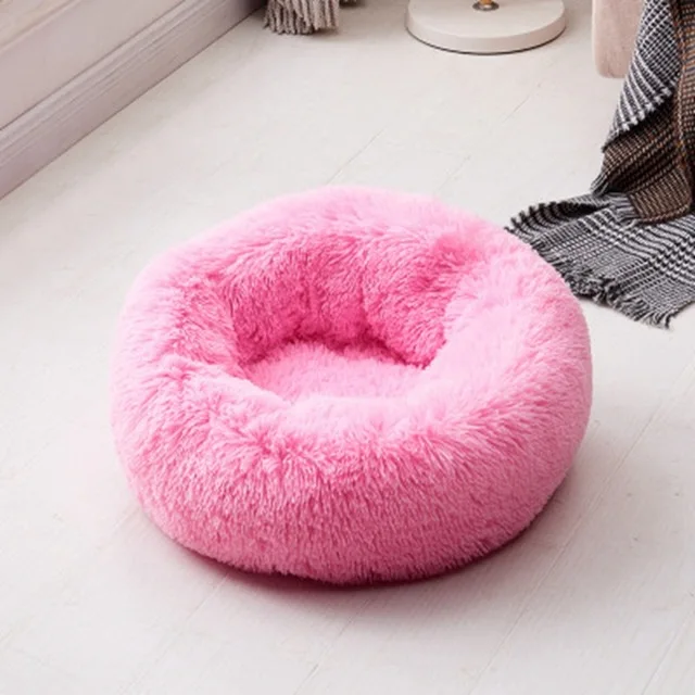 Rose red Успокаивающая кровать для собак, Длинные Плюшевые пончики, круглые кровати для кошек для больших, для средних и мелких собак, кошек, мягкая удобная теплая кровать для домашних животных - Цвет: Rose red
