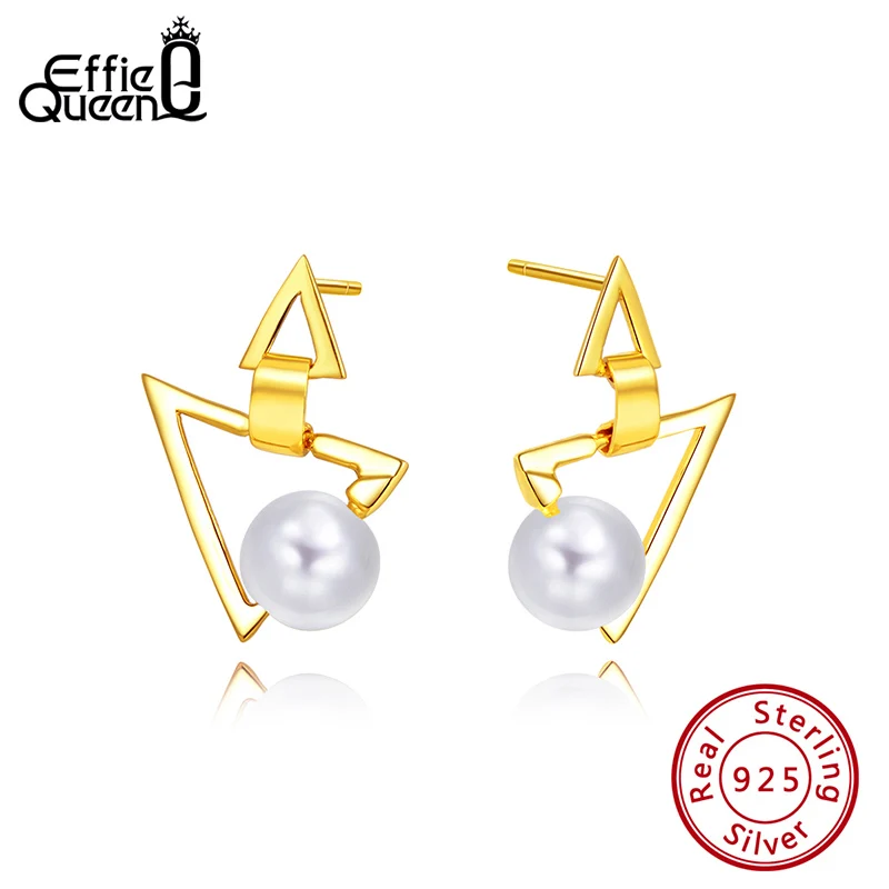 

Effie Queen Real 925 Sterling Silver Top Grade Simulated Pearl Stud Earrings For Women Triangle Earring Jewelry Gift BE178