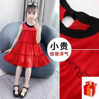 

Dresses Kids Clothes Girl Summer Sleeveless Red Round Collar Dress 4 5 Year Chiffon Girls Dresses For Party and Wedding Clothing
