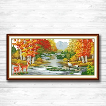 

Sika deer crane river forest scenery painting dmc 14CT 11CT counted cross stitch Needlework Set Embroidery kits Home decor