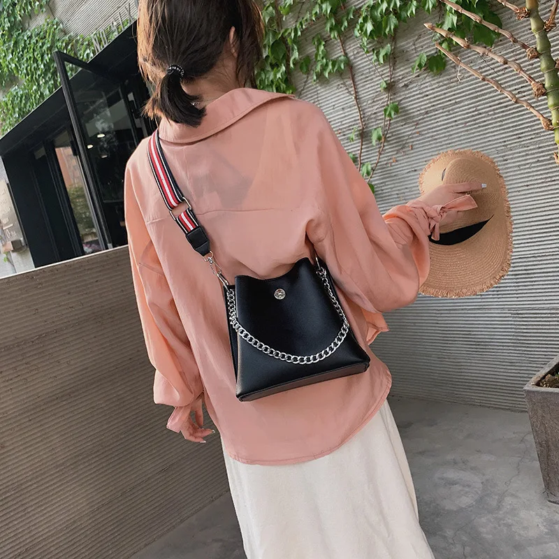 

Bucket Bag Lady Bag 2019 New Style Fashion-Style Contrast Color Versatile INS Wide-Strap Shoulder Handbag