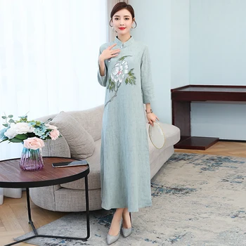 

Summer Autumn Retro Vestido Chinese Qipao Dress Long Traditional Mandarin Collar Loose Chinese Dress Flower Printed Cheongsam