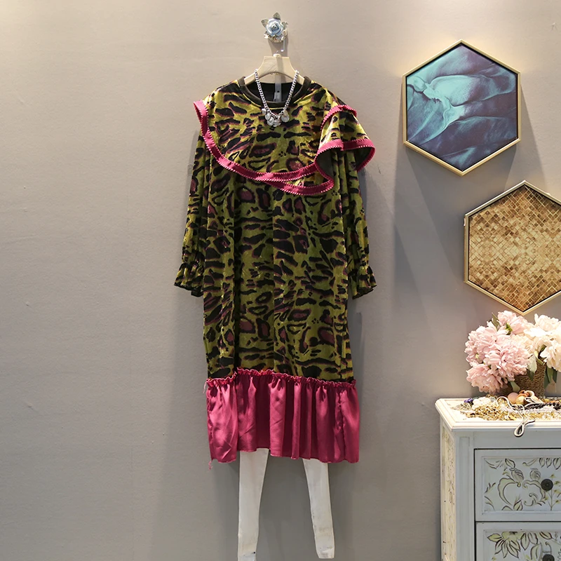 

[EWQ] 2019 Spring Autumn New Pattern Round Collar Long Sleeve Leopard Patchwork Pullvoers Vintage Dress Women AH28406