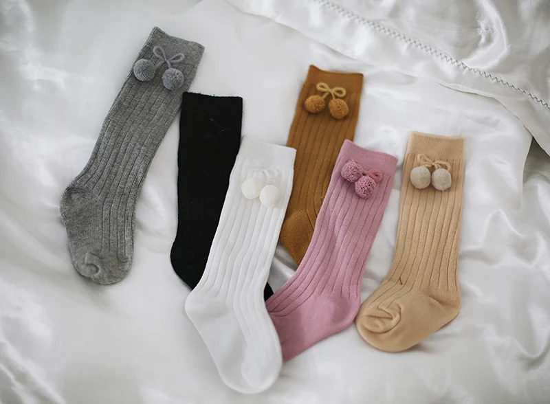 6 Colors Unisex Children Cherry Hair Ball Knee High Socks Baby Toddler In Tube Socks For Girls Boys Kid Cherry Knitted Sock 2-6Y kids socks