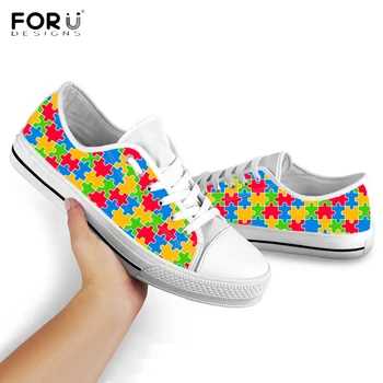 

FORUDESIGNS Autism Pattern Low Top Canvas Shoes Colorful Puzzle Printed Ladies Shoes Breathable Lightweight Flat Lace Up Sneaker