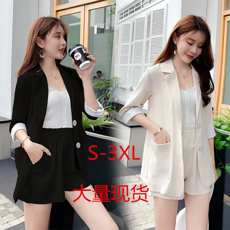 

2019 Summer Chic Small Suit Coat Female + Solid Color Five Points Pants Wide Leg Pants Two-piece Set