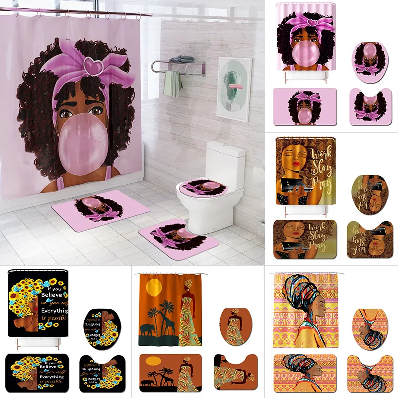 African American Waterproof Shower Curtain Set Black Girl Pray Bathroom Anti-slip Bath Mat Soft Rug Carpet Toilet Home Decor | Дом и сад