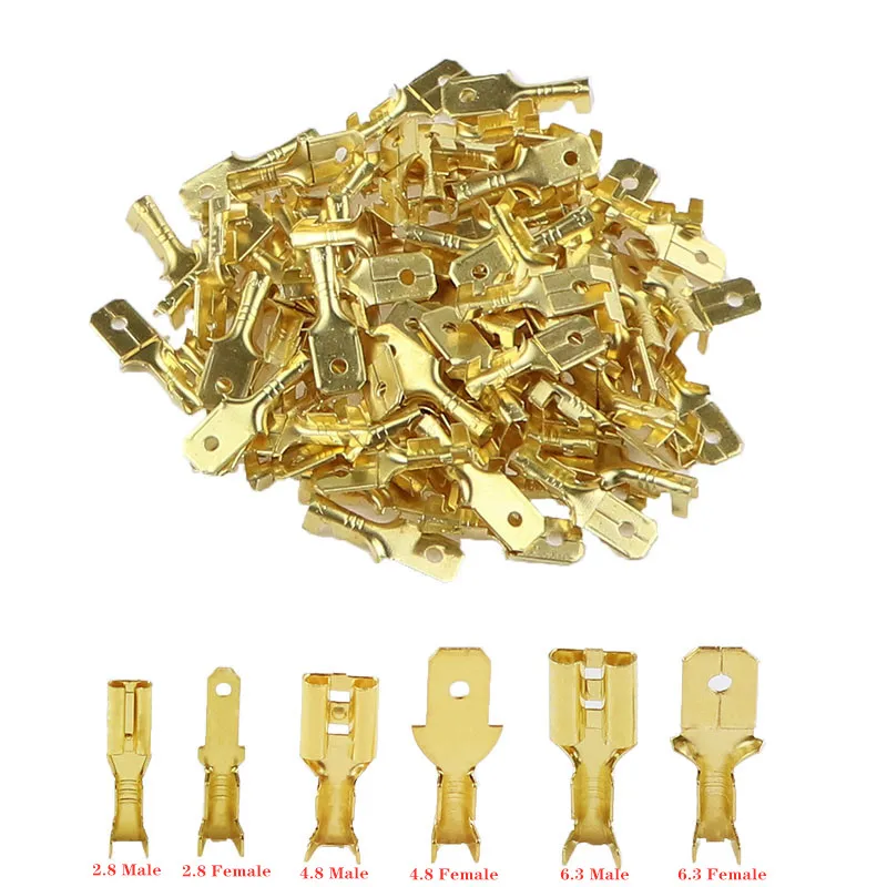100 unids/lote 2,8/4,8/6,3mm conector de Terminal de crimpado hembra y macho conectores de cable eléctrico de altavoz de latón dorado/coche plateado 50 S
