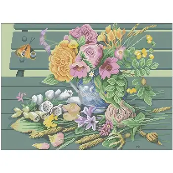 

Flowers on the bench patterns Counted Cross Stitch 11CT 14CT 18CT DIY Chinese Cross Stitch Kits Embroidery Needlework Sets