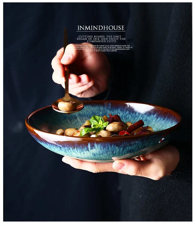 Mu cheng Home Bowl Household Vintage Ceramic Japanese Style Restaurant K1 Glaze Kiln Serving Bowl Salad Bowl Soup Bowl