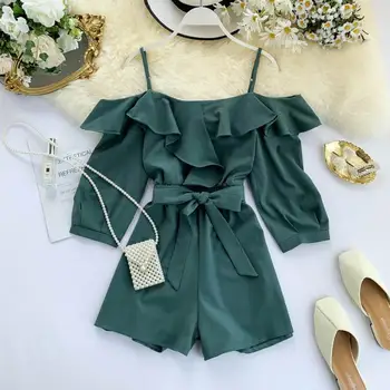 

Foamlina Casual Women Short Jumpsuit Sexy Spaghetti Strap Cold Shoulder 3/4 Sleeve Ruffles Sash Bowtie Wide Leg Short Playysuits