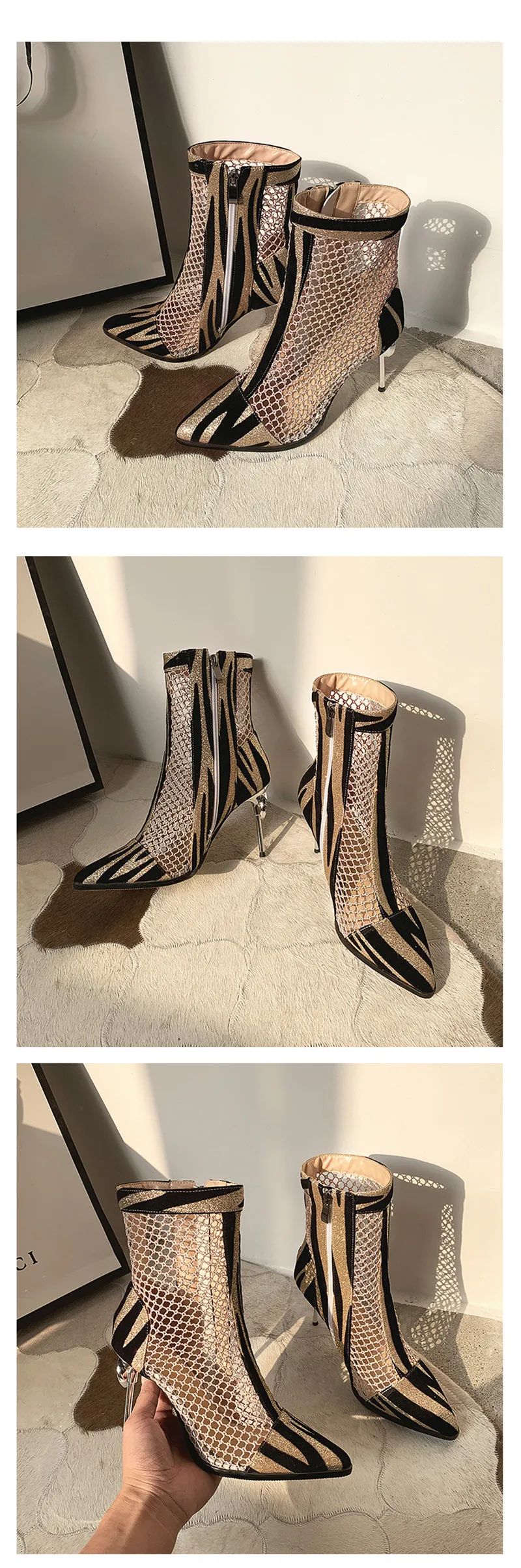 2020 Summer Zebra Print Ankle Boots For Woman Lace Mesh Hollow Cutout Lady Shoes Boots Rhinestones High Heel Sandals Big Size 50 (25)