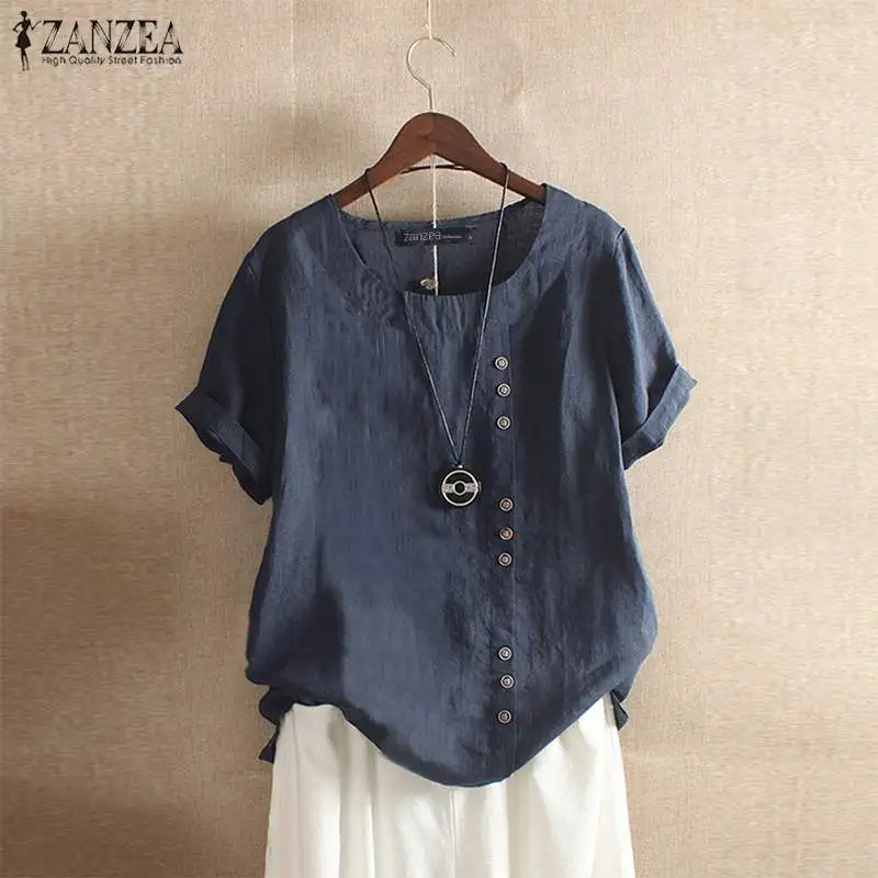 ZANZEA Женская хлопковая блузка, стильные повседневные топы, рубашки с длинным рукавом, женские блузы с круглым вырезом, большие размеры, женская льняная туника 5XL