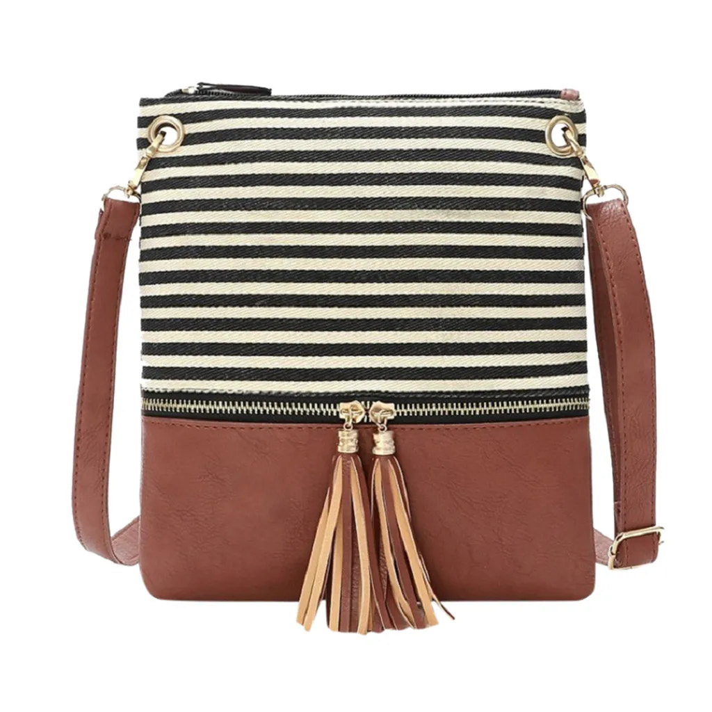 

Women Stripe Patchwork Stitching Shoulder Bag Exquisite Girl Original Handbag Elegant Ladies Simple Tassel Messenger Bag #T