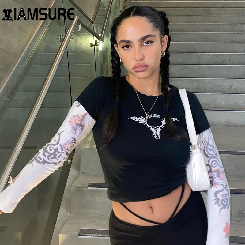 

IAMSURE Fake Two Pieces Letter Printing Long Sleeve Women T-Shirt Summer Autumn See-through Crop Top Casual O-Neck Female Tops