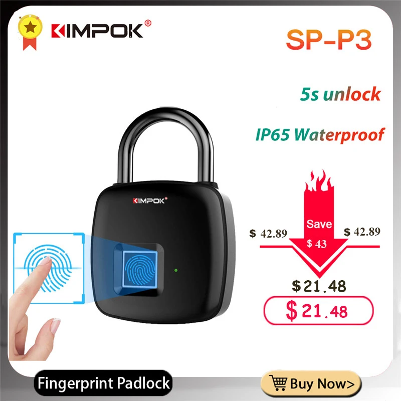 

KIMPOK Smart Fingerprint Lock USB Rechargeable Fingerprint Padlock Quick Unlock Zinc Alloy Metal Self Developing Chip for Door