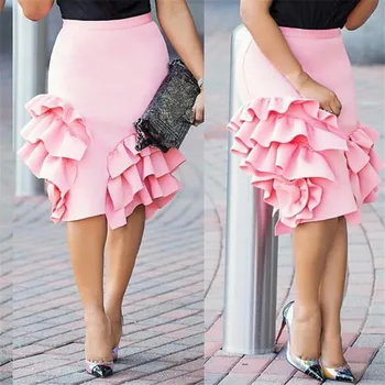 

Asymmetric Ruffle Hem Pink Skirt