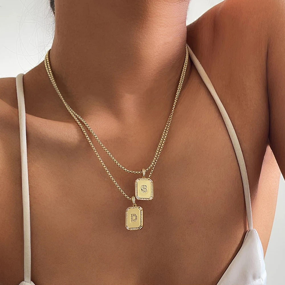 Peri'sBox Classic 26 Letters Square Coin Pendant Necklace Female Inlay Zircon Initial Necklace Pendants Layered Collier Alphabet - Image 2