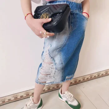 

2020 Summer girls denim skirt baby hole ripped kids fashion children bottoms slip contrast color patch