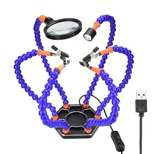Third Hand Soldering Pcb Holder Tool Six Arms Helping Hands with Magnifying Glass Lens Usb Charge Mini Led Flashlight for Pcb We
