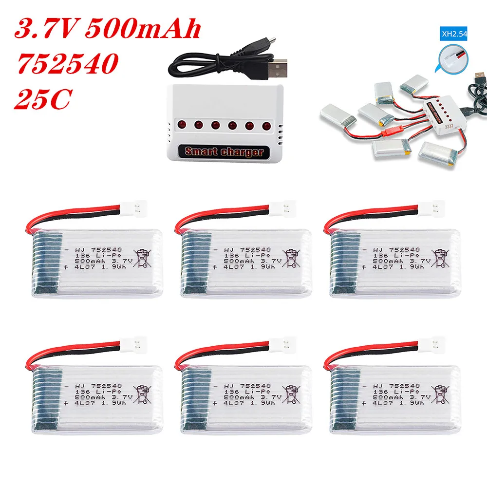 2-6pcs 3.7V 500mAh 752540 Lipo Battery With Charger For Syma X5C X5SW M68 Cheerson CX-30 H5C Quadrocopter  Drone Spare Parts