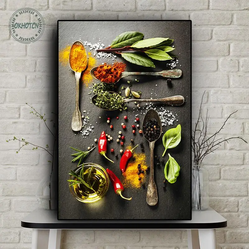 Epices et Cuillère Cuisine Affiche Légumes Fruits Toile Tableau