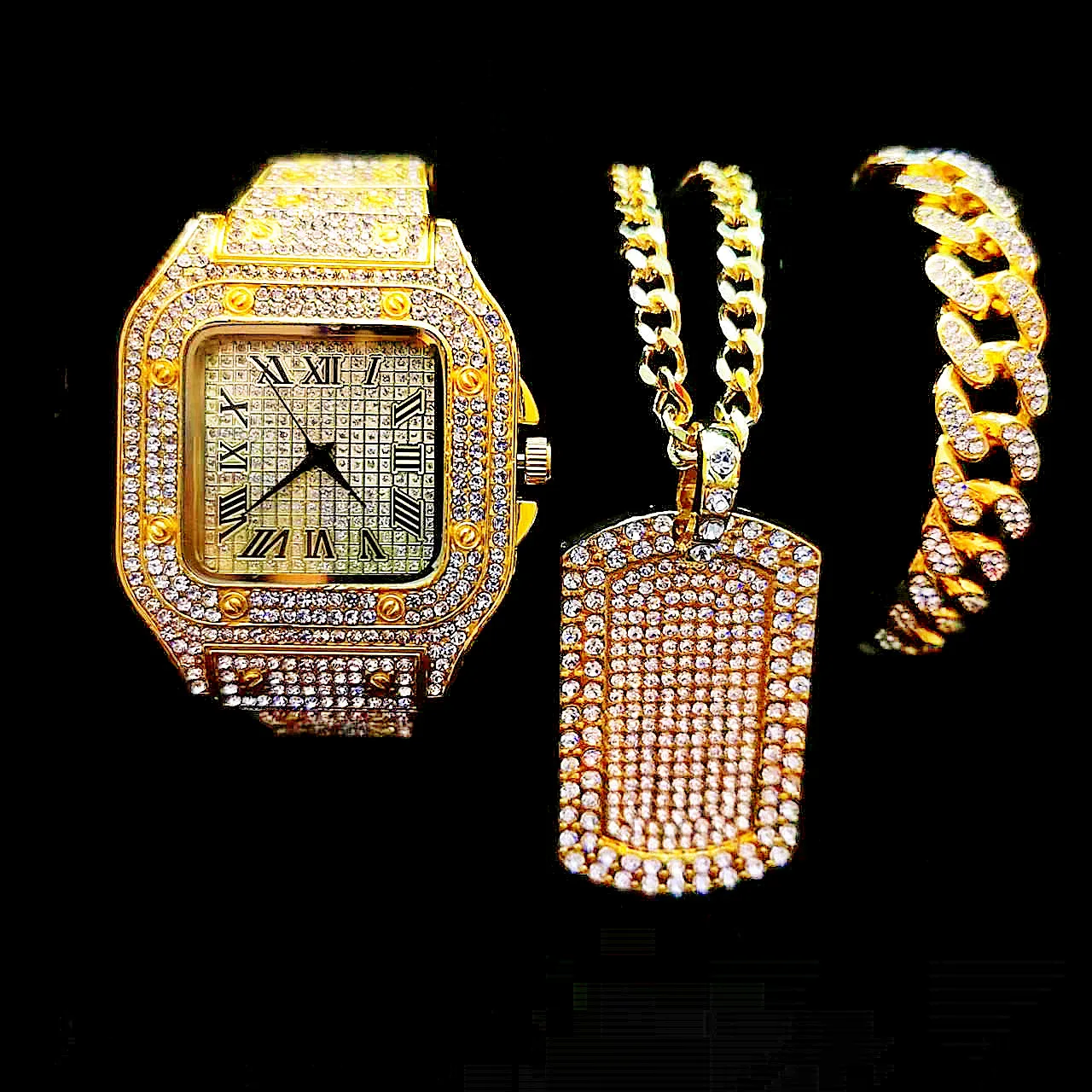 Watch Necklace Bracelet for Men 3pcs Luxury Iced Out Watch Men Bling Cuban Chains Fashion Jewelry Square Pendant Mens Gold Watch