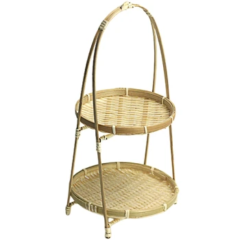 

Bamboo Weaving Straw Baskets Tier Rack Wicker Fruit Bread Food Storage Kitchen Decorate Round Plate Stand Container-Second Floor
