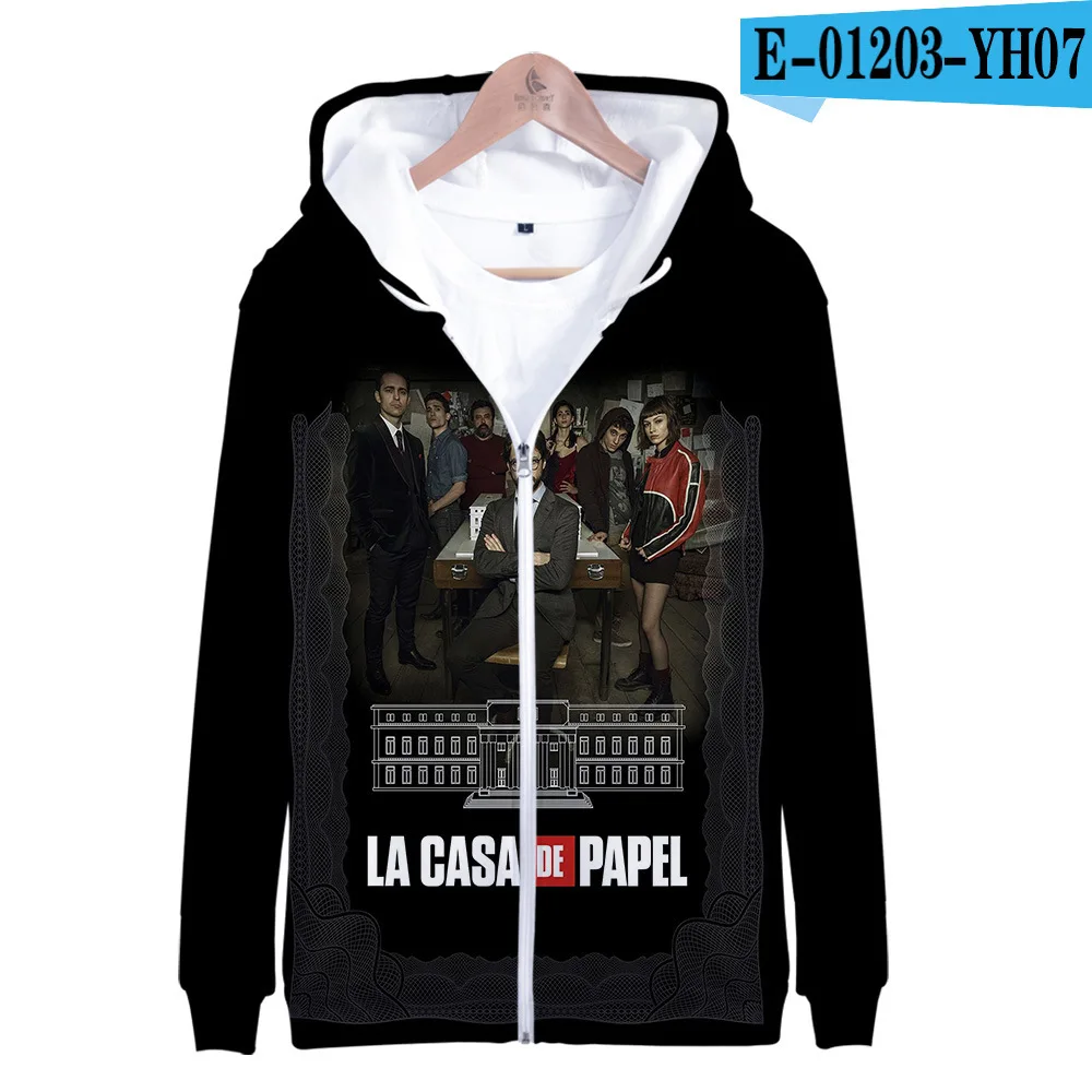 Модные унисекс крутые толстовки с капюшоном на молнии с 3D принтом сериал La casa de papel Money Heist House Of PAPER Свободная одежда - Цвет: 009