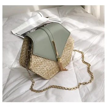 

Women Summer Rattan Bag Handmade Woven Beach Circle Bohemia Shoulder Bag Hexagon Mulit Style Straw Handbag pu Crossbody Bag