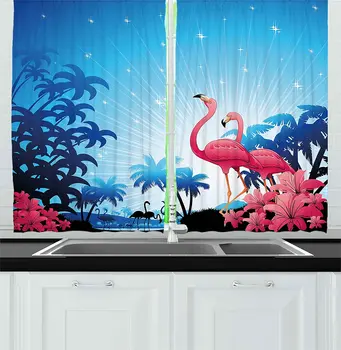 

Tropical Kitchen Window Curtains Nature Scene Exotic Flowers and Palm Tree Silhouettes and Flamingos Wildlife Window for Kitchen