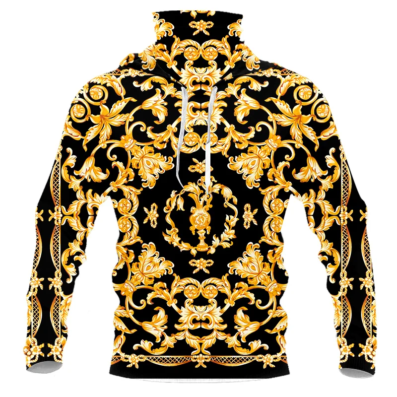 

New Luxurious Baroque Golden Flower 3D Print Mask Pullover Unisex Fall Winter Hip Hop Hooded Sweatshirts Tracksuits Custom 6XL