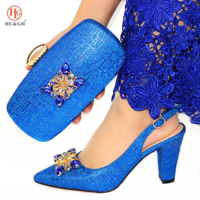

Latest Royal Blue Italian Shoes with Matching Bags Set Decorated with Women Rhinestones High Heel African Shoes and Bag Matching