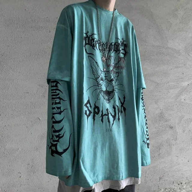 T-shirt Cross of Thorns fake two-piece for men women long-sleeved dark hip-hop loose large size autumn new trend top Simplicity dd1743 green