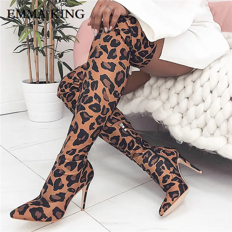 

EMMA KING Sexy leopard Print 11cm Super High Heels Stretch Fabric Boots Pointed Toe Over The Knee Thigh High Boots Shoes