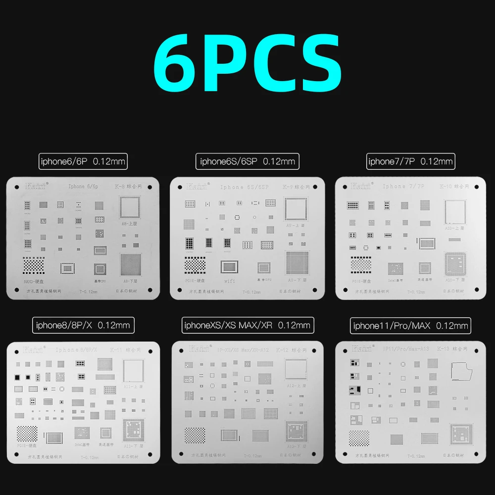 6pcs 1 set 6 шт./лот высокое качество IC чип наборы трафаретов для пайки BGA набор припоя шаблон для iPhone 11 pro Max XS XR X 8 7 6S 6plus - Цвет: 6pcs 1 set
