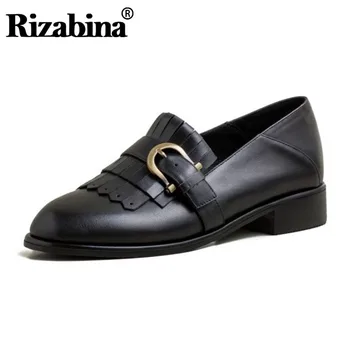 

RizaBina New Design Women Pumps Shoes Fashion Square Heels Buckle Round Toe Shoes Women Real Leather Office Footwear Size 34-40