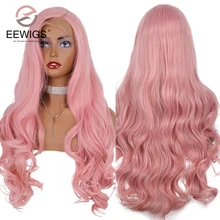 EEWIGS розового цвета парики Волнистые Синтетические волосы на кружеве парик тепла устойчивость к высокой температуре пастельный персиковый Цвет парики для Для женщин