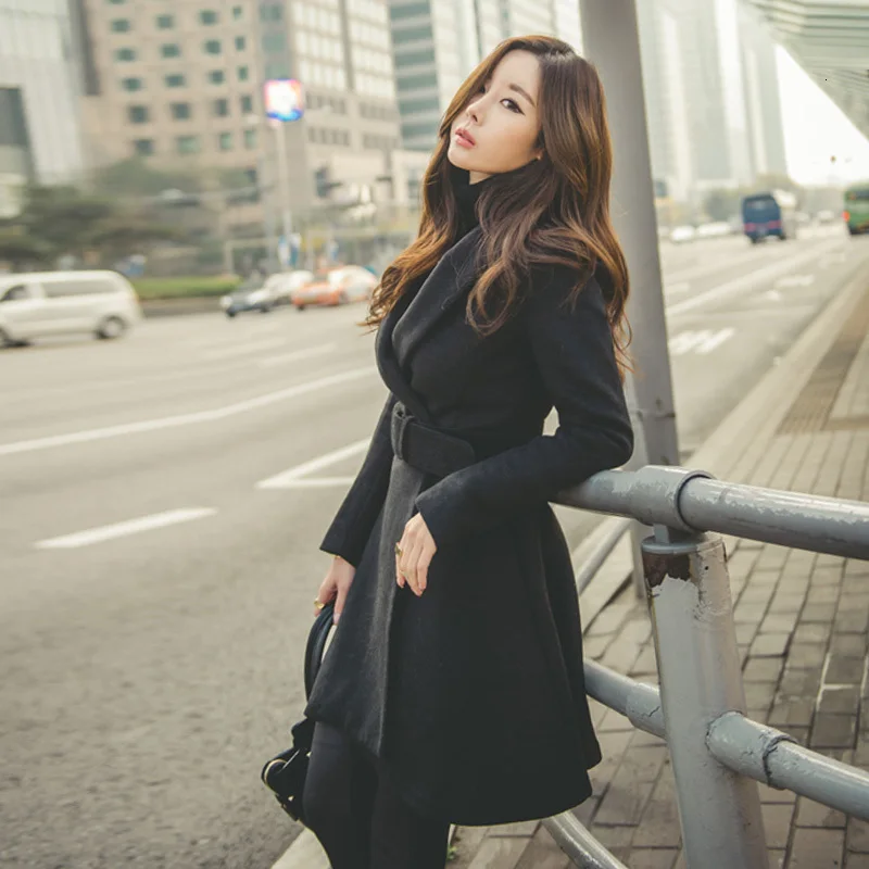 Женские осенне-зимние пальто куртки новые высококачественные корейские тонкие ленты с длинным рукавом офисные женские шерстяные пальто для женщин