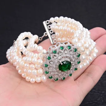 

GG Jewelry 8" 8 Strands White Pearl Green CZ Connector Bracelet