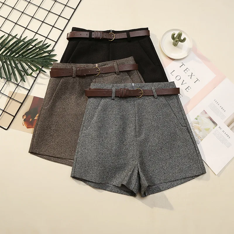 

Autumn Winter Formal Shorts Women Korean High Waist Thick With Sashes Wide Leg Shorts Female Gray Black Green Casual Bottom
