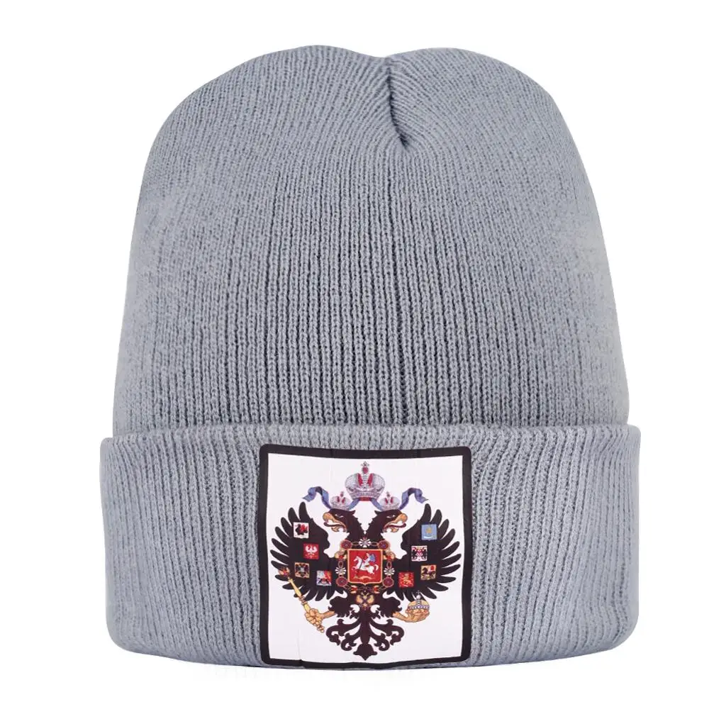 Древняя Российская империя флаг вязаные мужские шапки женские зимние тонкие теплые шапочки осенние короткие мальчик Чепчик для девочки черный двойной Орел Skullies - Цвет: Серый