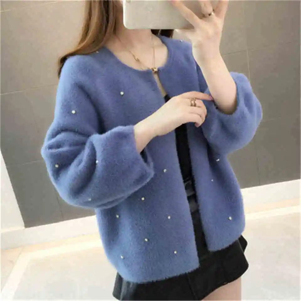 

2019 Spring Autumn Fashion Beading Loose Faux Mink Knitted Cardigan Sweater Coat Female Fluffy Tricot Open Stitch Tops PZ2097