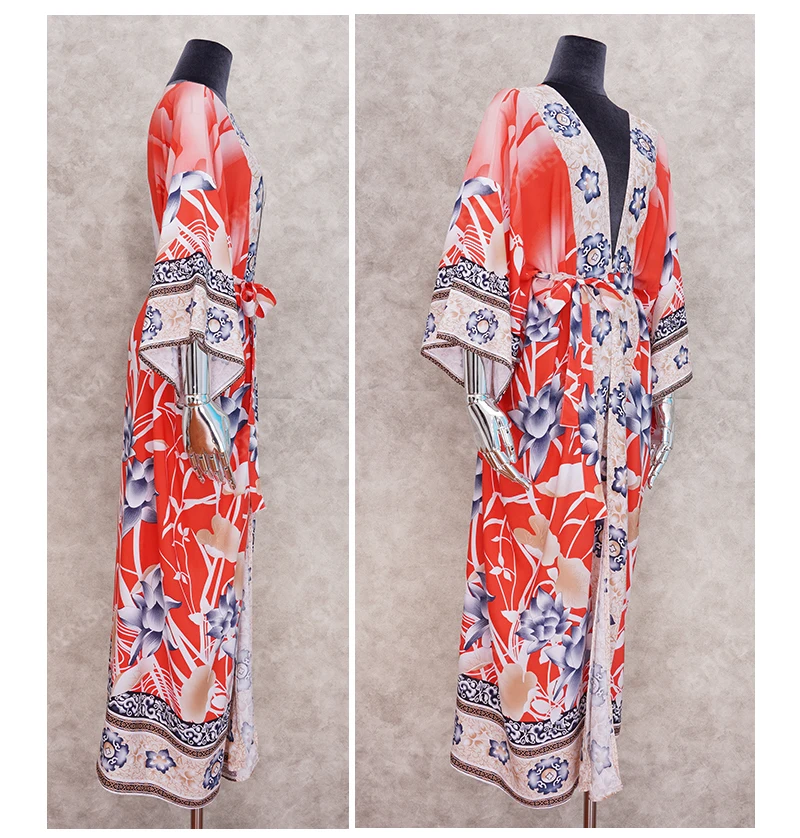 2020 Bohemian Printed Self Belted Loose Summer Beach Tunic Plus Size Beachwear Long Kimono Cardigan Boho Women Tops Blouse N996