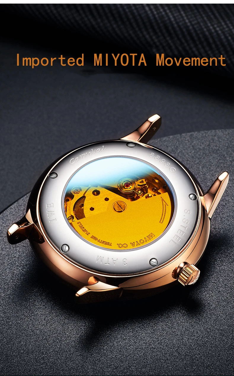 CARNIVAL Luxury Watch Men MIYOTA Mechanical Movement Waterproof Sports Top Brand Leather Luminous Wristwatch Reloj Hombre 8898